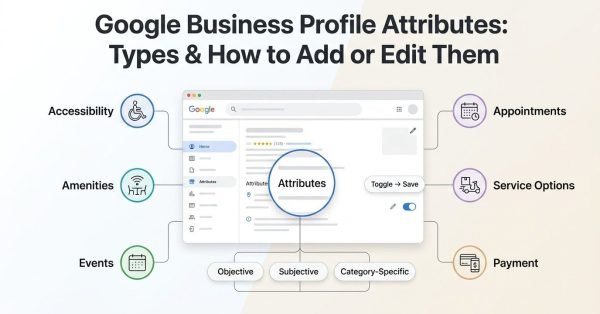 Infographic explaining Google Business Profile attributes, showing attribute types such as accessibility, amenities, events, appointments, service options, and payment, with a toggle-and-save workflow.