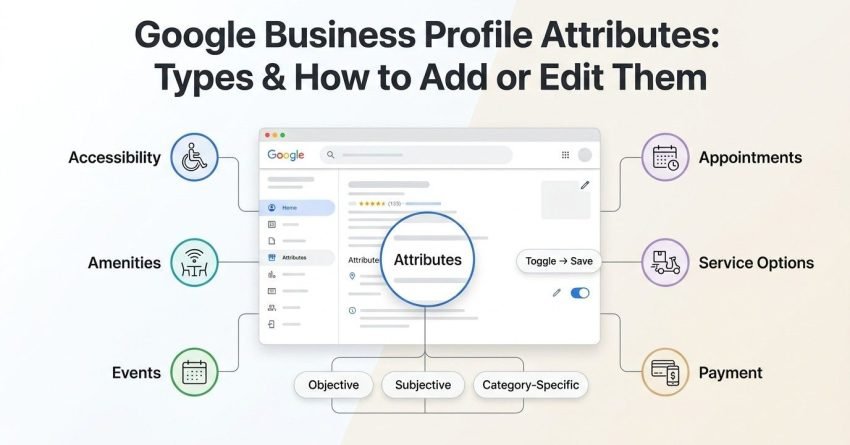 Infographic explaining Google Business Profile attributes, showing attribute types such as accessibility, amenities, events, appointments, service options, and payment, with a toggle-and-save workflow.