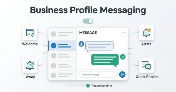 Infographic illustrating Google Business Profile messaging, with messaging enabled for customer conversations, welcome and away messages, alerts, quick replies, and response-time tracking.