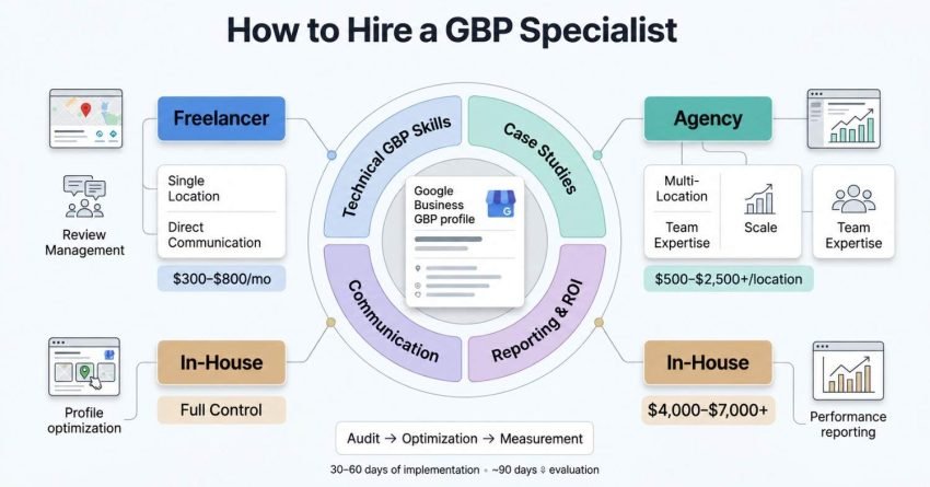 Infographic explaining how to hire a Google Business Profile specialist in 2026, comparing freelancer, agency, and in-house options by skills, case studies, communication, reporting, pricing, and ROI.