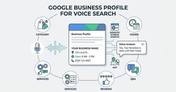 Infographic showing how to optimize a Google Business Profile for voice search using accurate business details, category, hours, services, reviews, Q&A, NAP consistency, and website schema markup.