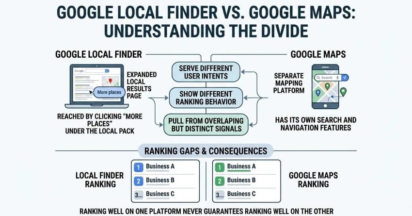 Infographic titled GOOGLE LOCAL FINDER VS. GOOGLE MAPS: UNDERSTANDING THE DIVIDE contrasting Google Local Finder on a laptop and Google Maps on a smartphone across three shared differences: Serve Different User Intents, Show Different Ranking Behavior, and Pull From Overlapping But Distinct Signals, alongside a comparison of Local Finder Ranking versus Google Maps Ranking demonstrating that ranking well on one never guarantees ranking on the other.