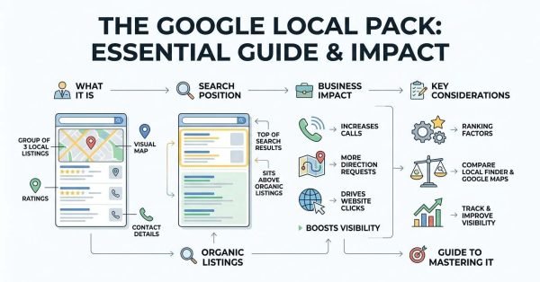Infographic titled THE GOOGLE LOCAL PACK: ESSENTIAL GUIDE & IMPACT detailing four stages: WHAT IT IS showing a Group of 3 Local Listings with a visual map, ratings, and contact details; SEARCH POSITION showing it sits at the top of search results above organic listings; BUSINESS IMPACT showing increases calls, more direction requests, drives website clicks, and boosts visibility; and KEY CONSIDERATIONS covering ranking factors, comparing Local Finder & Google Maps, and tracking visibility, culminating in a Guide to Mastering It.