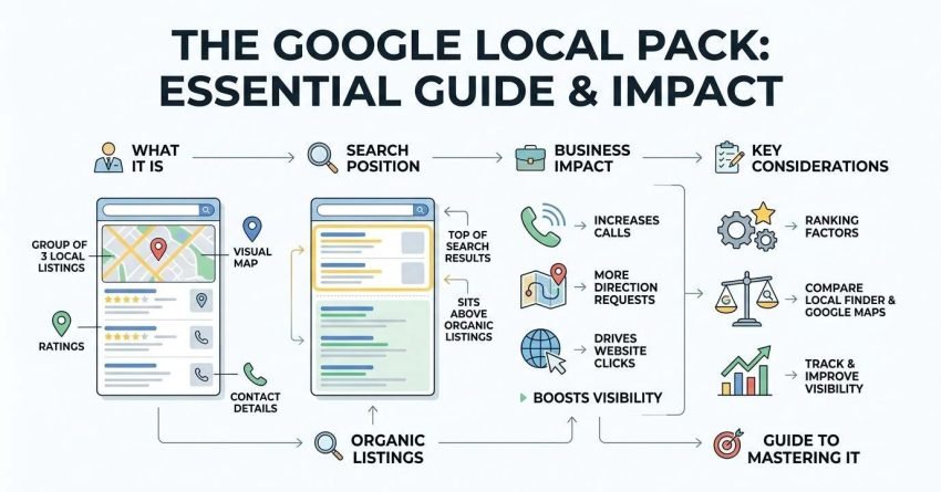Infographic titled THE GOOGLE LOCAL PACK: ESSENTIAL GUIDE & IMPACT detailing four stages: WHAT IT IS showing a Group of 3 Local Listings with a visual map, ratings, and contact details; SEARCH POSITION showing it sits at the top of search results above organic listings; BUSINESS IMPACT showing increases calls, more direction requests, drives website clicks, and boosts visibility; and KEY CONSIDERATIONS covering ranking factors, comparing Local Finder & Google Maps, and tracking visibility, culminating in a Guide to Mastering It.