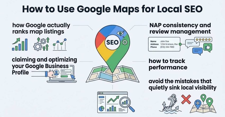Infographic titled How to Use Google Maps for Local SEO detailing five tactical modules: how Google actually ranks map listings, claiming and optimizing your Google Business Profile, NAP consistency and review management, how to track performance, and avoiding mistakes that sink local visibility around a central multi-colored Google Maps pin stamped with SEO.