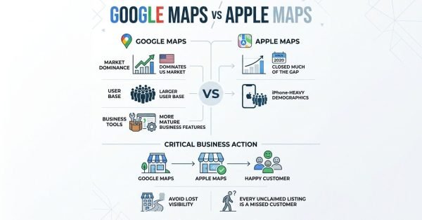 Infographic titled GOOGLE MAPS VS APPLE MAPS comparing market dominance, user base, and business tools between Google Maps and Apple Maps, highlighting critical business action to claim listings across both platforms to create happy customers and avoid lost visibility.