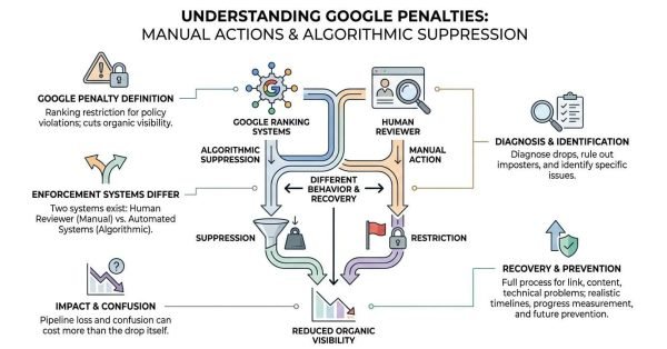 Understanding Google penalties infographic comparing manual actions from human reviewers with algorithmic suppression from ranking systems, detailing their distinct enforcement, diagnosis, and recovery processes.