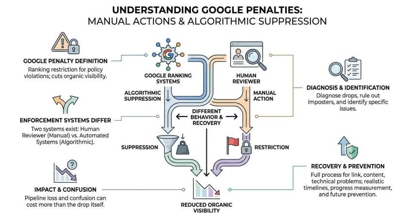 Understanding Google penalties infographic comparing manual actions from human reviewers with algorithmic suppression from ranking systems, detailing their distinct enforcement, diagnosis, and recovery processes.