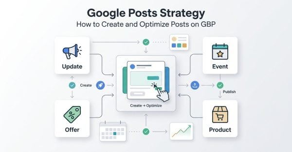 Infographic showing a Google Business Profile Posts strategy with four post types—Update, Offer, Event, and Product—connected to a create, optimize, and publish workflow.