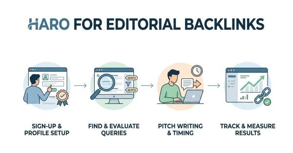 Infographic titled HARO FOR EDITORIAL BACKLINKS showing a four-step linear workflow: 1. Sign-Up & Profile Setup (user setting up profile with a Connectively badge), 2. Find & Evaluate Queries (computer screen filtering query alerts with a magnifying glass), 3. Pitch Writing & Timing (source writing a pitch on a laptop with a clock and email icon), and 4. Track & Measure Results (analytics dashboard with growth graph, referring chain link, and green checkmark).