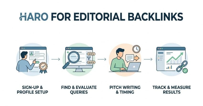 Infographic titled HARO FOR EDITORIAL BACKLINKS showing a four-step linear workflow: 1. Sign-Up & Profile Setup (user setting up profile with a Connectively badge), 2. Find & Evaluate Queries (computer screen filtering query alerts with a magnifying glass), 3. Pitch Writing & Timing (source writing a pitch on a laptop with a clock and email icon), and 4. Track & Measure Results (analytics dashboard with growth graph, referring chain link, and green checkmark).