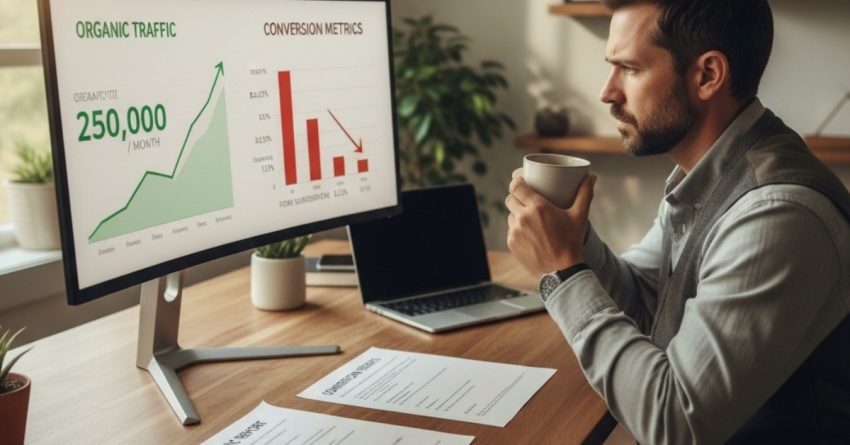 Digital marketer analyzing website traffic with high SEO performance but low conversion rates in a realistic office.