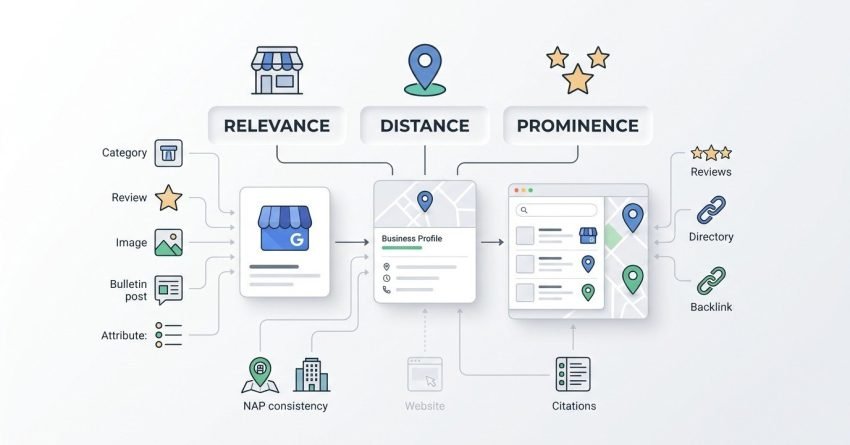 Infographic showing how Google Business Profile affects Local Pack and Google Maps rankings through relevance, distance, and prominence, with category, reviews, images, posts, attributes, NAP consistency, citations, directories, and backlinks contributing to local visibility.