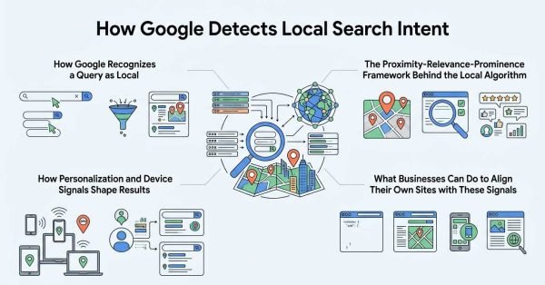 Infographic titled How Google Detects Local Search Intent illustrating How Google Recognizes a Query as Local, The Proximity-Relevance-Prominence Framework Behind the Local Algorithm, How Personalization and Device Signals Shape Results, and What Businesses Can Do to Align Their Own Sites with These Signals around a central server data and urban map hub.
