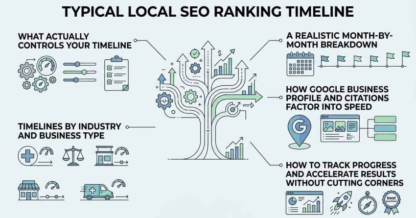 Infographic titled TYPICAL LOCAL SEO RANKING TIMELINE outlining what controls timelines, month-by-month breakdowns, industry variance, GBP citation speed, and safe progress acceleration around a central upward-branching growth tree.