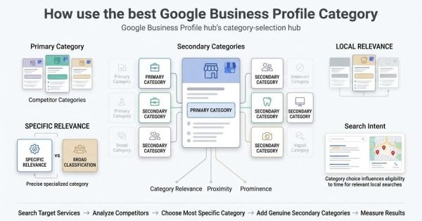 Infographic explaining how to choose the right Google Business Profile category using primary and secondary categories, competitor analysis, local relevance, specific service relevance, and search intent.