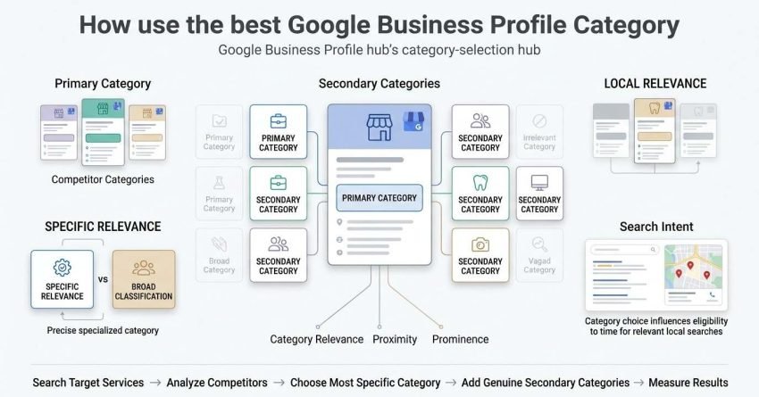 Infographic explaining how to choose the right Google Business Profile category using primary and secondary categories, competitor analysis, local relevance, specific service relevance, and search intent.