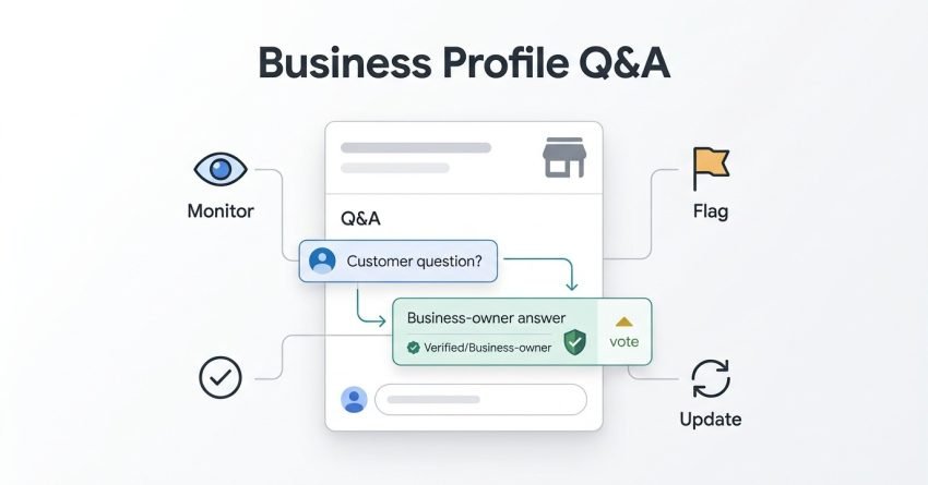 Infographic showing Google Business Profile Q&A management, including monitoring customer questions, providing business-owner answers, flagging inappropriate content, voting, and updating Q&A information.