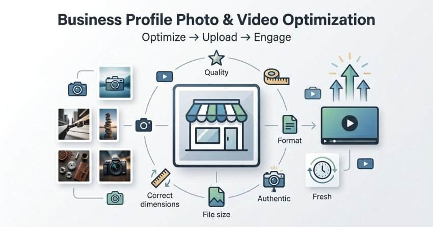 Infographic explaining Google Business Profile photo and video optimization, highlighting image quality, correct dimensions, file size, authentic content, suitable video formats, and fresh visual uploads.