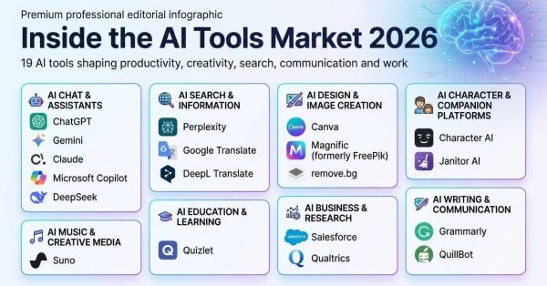 Market map infographic titled 'Inside the AI Tools Market 2026' categorizing 19 leading artificial intelligence platforms across eight functional categories including assistants, search, design, companions, and enterprise research.