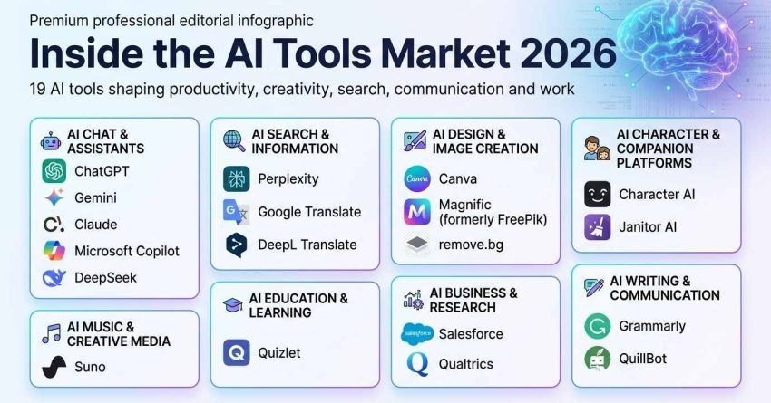 Market map infographic titled 'Inside the AI Tools Market 2026' categorizing 19 leading artificial intelligence platforms across eight functional categories including assistants, search, design, companions, and enterprise research.