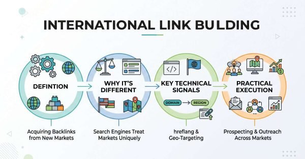 Infographic titled INTERNATIONAL LINK BUILDING detailing four sequential stages: Definition (gears, globes, stacked blocks; Acquiring Backlinks from New Markets), Why It's Different (scales of justice, browser, flags, map pins; Search Engines Treat Markets Uniquely), Key Technical Signals (code tag, globe flag, domain-to-region mapping; hreflang & Geo-Targeting), and Practical Execution (team, local maps, revenue chart, outreach envelope; Prospecting & Outreach Across Markets).