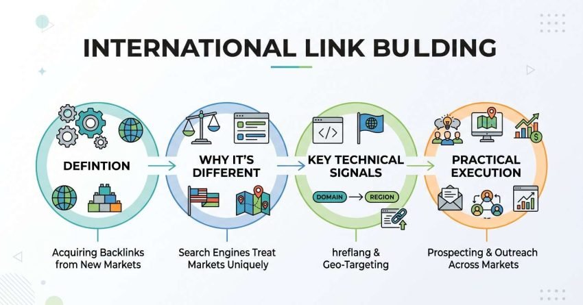 Infographic titled INTERNATIONAL LINK BUILDING detailing four sequential stages: Definition (gears, globes, stacked blocks; Acquiring Backlinks from New Markets), Why It's Different (scales of justice, browser, flags, map pins; Search Engines Treat Markets Uniquely), Key Technical Signals (code tag, globe flag, domain-to-region mapping; hreflang & Geo-Targeting), and Practical Execution (team, local maps, revenue chart, outreach envelope; Prospecting & Outreach Across Markets).