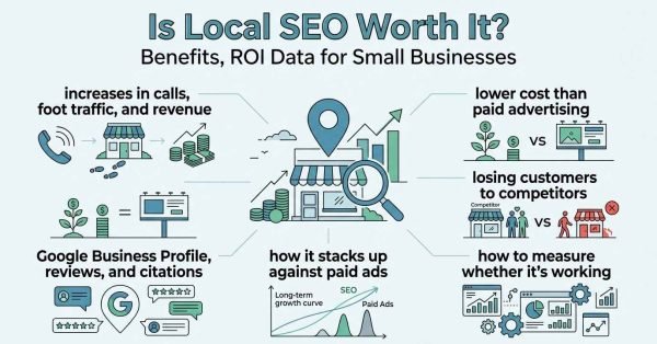 Infographic titled Is Local SEO Worth It? Benefits, ROI Data for Small Businesses outlining core value drivers: increases in calls, foot traffic, and revenue, lower cost than paid advertising, losing customers to competitors, Google Business Profile reviews and citations, how it stacks up against paid ads, and how to measure performance around a central brick-and-mortar storefront inspected by a magnifying glass.
