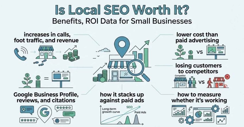 Infographic titled Is Local SEO Worth It? Benefits, ROI Data for Small Businesses outlining core value drivers: increases in calls, foot traffic, and revenue, lower cost than paid advertising, losing customers to competitors, Google Business Profile reviews and citations, how it stacks up against paid ads, and how to measure performance around a central brick-and-mortar storefront inspected by a magnifying glass.