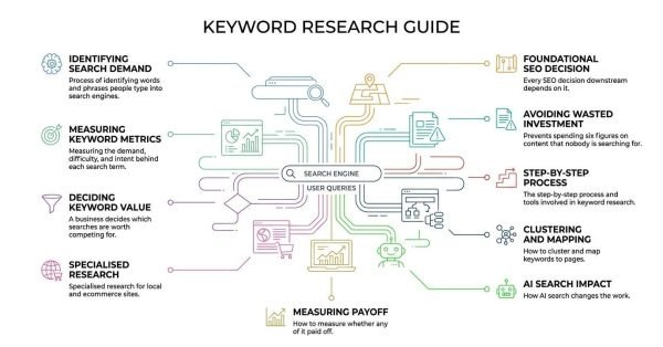 Keyword research guide infographic displaying an interconnected subway-style circuit map connecting user search queries to metrics measurement, commercial value evaluation, keyword clustering, AI search impact, and ROI tracking