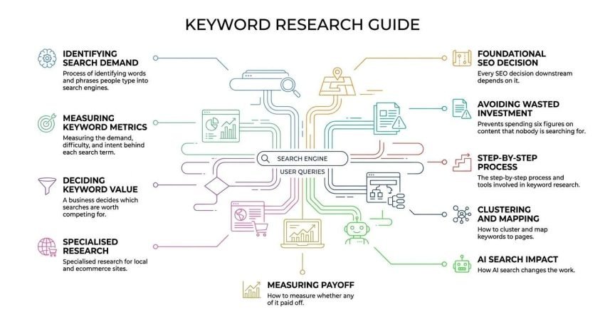 Keyword research guide infographic displaying an interconnected subway-style circuit map connecting user search queries to metrics measurement, commercial value evaluation, keyword clustering, AI search impact, and ROI tracking