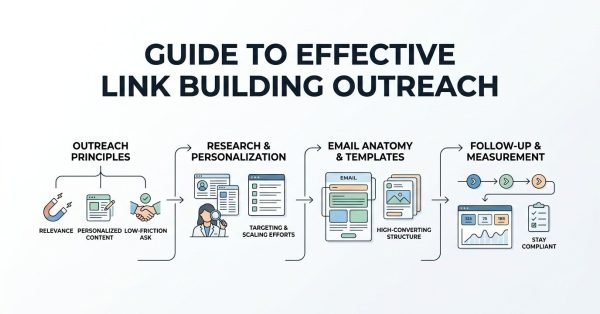 Infographic titled GUIDE TO EFFECTIVE LINK BUILDING OUTREACH detailing a four-stage process: Outreach Principles (relevance, personalized content, low-friction ask), Research & Personalization (targeting & scaling efforts), Email Anatomy & Templates (high-converting structure), and Follow-Up & Measurement (stay compliant with automated sequences and analytics).