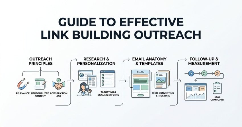 Infographic titled GUIDE TO EFFECTIVE LINK BUILDING OUTREACH detailing a four-stage process: Outreach Principles (relevance, personalized content, low-friction ask), Research & Personalization (targeting & scaling efforts), Email Anatomy & Templates (high-converting structure), and Follow-Up & Measurement (stay compliant with automated sequences and analytics).