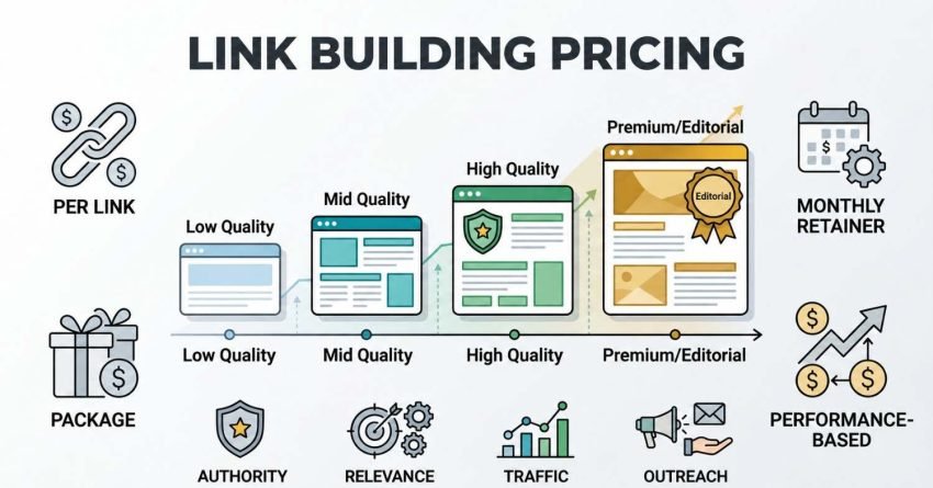 Infographic explaining link building pricing by quality level, from low- and mid-quality links to high-quality and premium editorial placements, with pricing models including per-link, package, monthly retainer, and performance-based services.