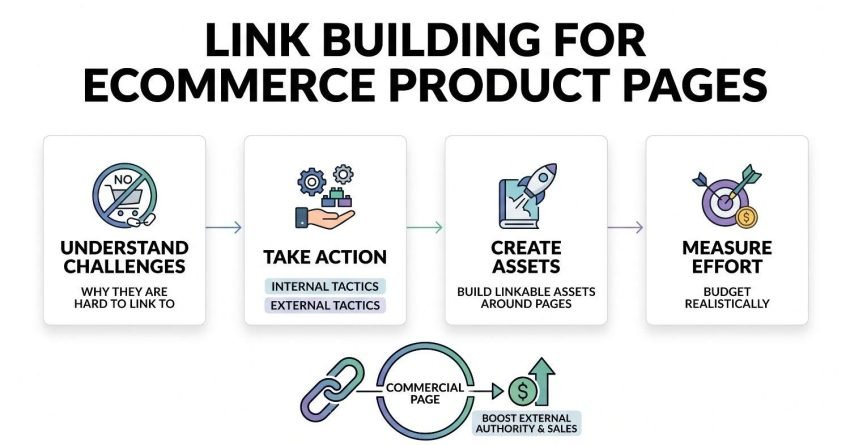 Infographic showing link building for ecommerce product pages across four steps: understand challenges, take action, create assets, and measure effort to boost authority and sales.