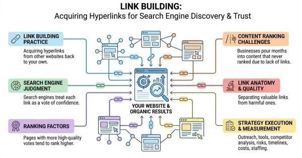 Link building strategy infographic illustrating how acquiring external hyperlinks acts as search engine votes of confidence to improve organic rankings and website visibility.