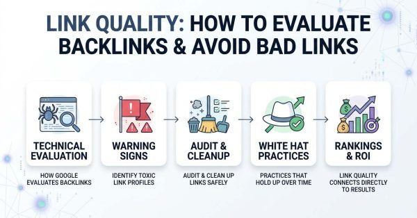 Infographic titled LINK QUALITY: HOW TO EVALUATE BACKLINKS & AVOID BAD LINKS illustrating a 5-step horizontal progression inside rounded cards: 1. Technical Evaluation (How Google Evaluates Backlinks), 2. Warning Signs (Identify Toxic Link Profiles), 3. Audit & Cleanup (Audit & Clean Up Links Safely), 4. White Hat Practices (Practices That Hold Up Over Time), and 5. Rankings & ROI (Link Quality Connects Directly to Results).