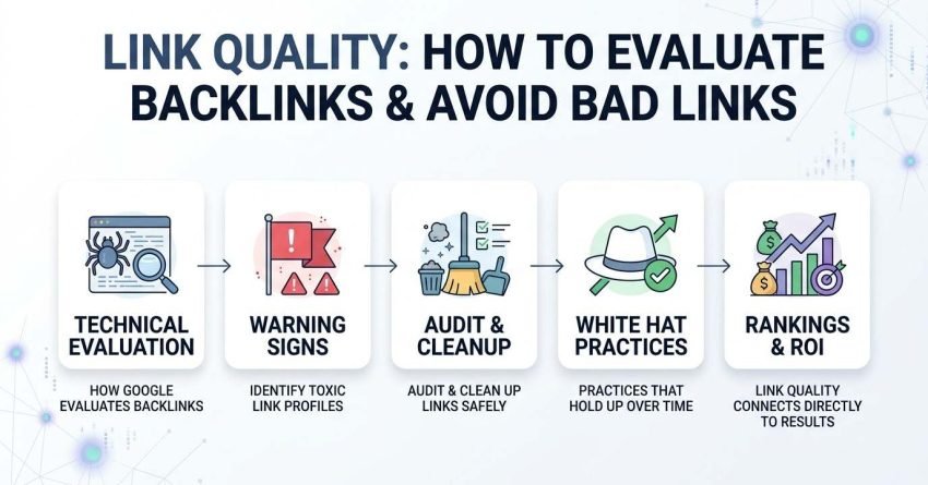 Infographic titled LINK QUALITY: HOW TO EVALUATE BACKLINKS & AVOID BAD LINKS illustrating a 5-step horizontal progression inside rounded cards: 1. Technical Evaluation (How Google Evaluates Backlinks), 2. Warning Signs (Identify Toxic Link Profiles), 3. Audit & Cleanup (Audit & Clean Up Links Safely), 4. White Hat Practices (Practices That Hold Up Over Time), and 5. Rankings & ROI (Link Quality Connects Directly to Results).