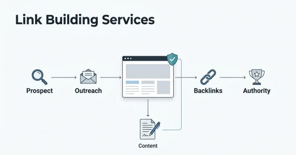 Infographic illustrating the link-building service process: prospect research, outreach, content creation, backlink acquisition, and building website authority.