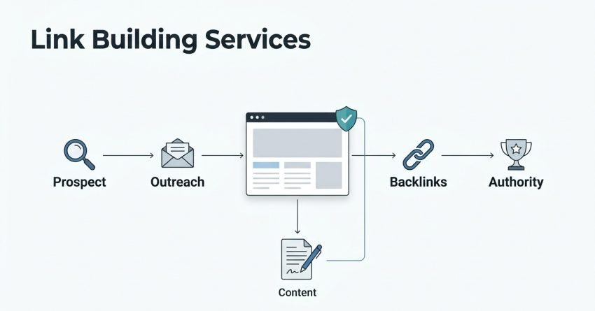 Infographic illustrating the link-building service process: prospect research, outreach, content creation, backlink acquisition, and building website authority.