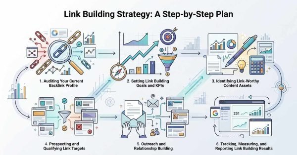 Infographic showing a six-step link building strategy: auditing the backlink profile, setting goals and KPIs, identifying link-worthy content, prospecting and qualifying link targets, outreach and relationship building, and tracking and reporting results.