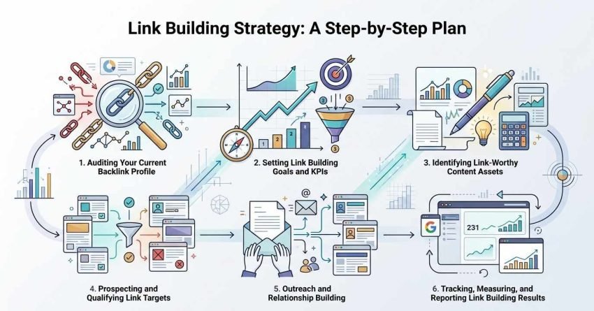 Infographic showing a six-step link building strategy: auditing the backlink profile, setting goals and KPIs, identifying link-worthy content, prospecting and qualifying link targets, outreach and relationship building, and tracking and reporting results.