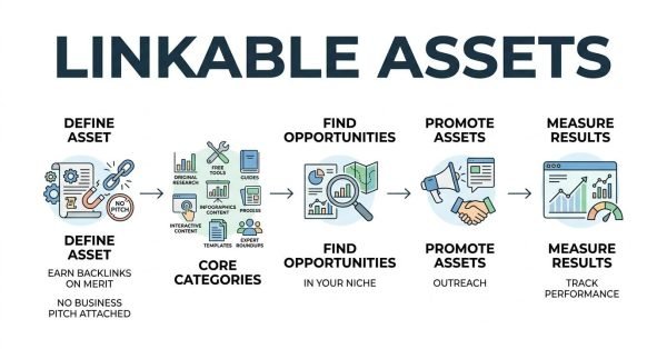 Infographic mapping the strategy for creating and scaling Linkable Assets, establishing a four-stage process—Define Asset (earning links strictly on merit without sales pitches), Find Opportunities within the niche, Promote Assets via targeted outreach, and Measure Results—while highlighting core citable categories like original research, free tools, comprehensive guides, infographics, interactive content, and templates.