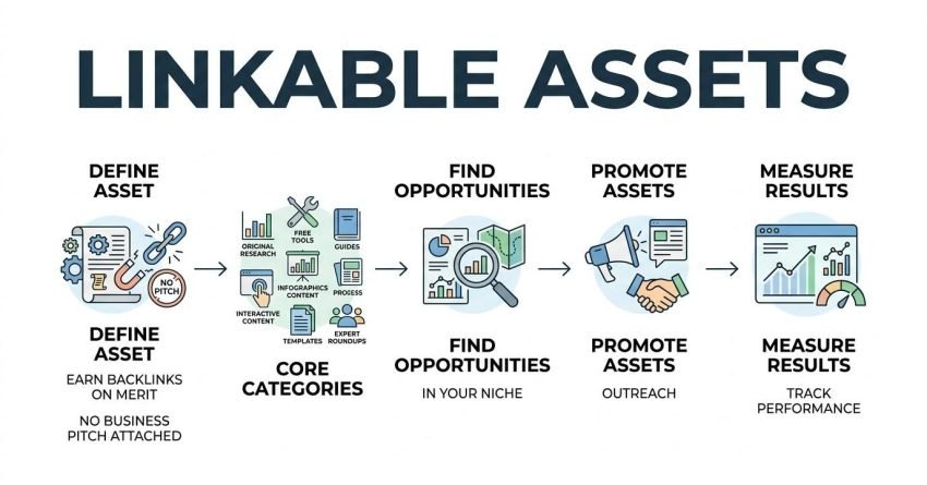 Infographic mapping the strategy for creating and scaling Linkable Assets, establishing a four-stage process—Define Asset (earning links strictly on merit without sales pitches), Find Opportunities within the niche, Promote Assets via targeted outreach, and Measure Results—while highlighting core citable categories like original research, free tools, comprehensive guides, infographics, interactive content, and templates.