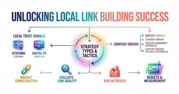 Infographic titled UNLOCKING LOCAL LINK BUILDING SUCCESS outlining a circular Strategy Types & Tactics core that branches into Local Trust Signals (citations and digital PR), Content-Driven approaches, Link Quality Evaluation with market consolidation, and an outreach execution path (Run Outreach) leading to Results & Measurement.