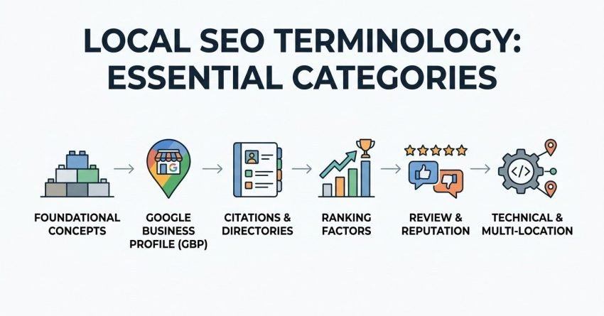Infographic titled LOCAL SEO TERMINOLOGY: ESSENTIAL CATEGORIES illustrating a six-stage sequential workflow: Foundational Concepts, Google Business Profile (GBP), Citations & Directories, Ranking Factors, Review & Reputation, and Technical & Multi-Location.