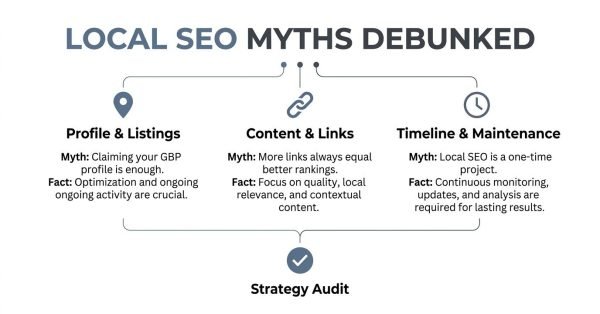 Infographic titled LOCAL SEO MYTHS DEBUNKED contrasting common myths and facts across three pillars: Profile & Listings (Myth: Claiming your GBP profile is enough; Fact: Optimization and ongoing activity are crucial), Content & Links (Myth: More links always equal better rankings; Fact: Focus on quality, local relevance, and contextual content), and Timeline & Maintenance (Myth: Local SEO is a one-time project; Fact: Continuous monitoring, updates, and analysis are required for lasting results), all leading down into a Strategy Audit.