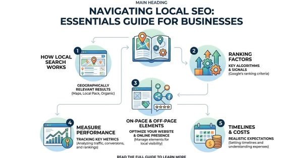Infographic titled MAIN HEADING NAVIGATING LOCAL SEO: ESSENTIALS GUIDE FOR BUSINESSES illustrating a 5-step roadmap: 1. How Local Search Works (Geographically relevant results across Maps, Local Pack, Organic), 2. Ranking Factors (Key algorithms & signals based on Google's ranking criteria), 3. On-Page & Off-Page Elements (Optimize your website & online presence), 4. Measure Performance (Tracking key metrics: traffic, conversions, and rankings), and 5. Timelines & Costs (Realistic expectations: setting timelines and understanding expenses), anchored around a central local map handbook guide.