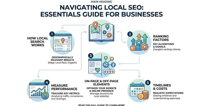 Infographic titled MAIN HEADING NAVIGATING LOCAL SEO: ESSENTIALS GUIDE FOR BUSINESSES illustrating a 5-step roadmap: 1. How Local Search Works (Geographically relevant results across Maps, Local Pack, Organic), 2. Ranking Factors (Key algorithms & signals based on Google's ranking criteria), 3. On-Page & Off-Page Elements (Optimize your website & online presence), 4. Measure Performance (Tracking key metrics: traffic, conversions, and rankings), and 5. Timelines & Costs (Realistic expectations: setting timelines and understanding expenses), anchored around a central local map handbook guide.