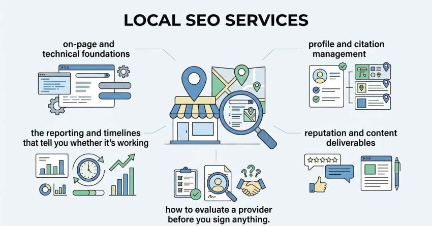 Infographic titled LOCAL SEO SERVICES illustrating five key fulfillment pillars: on-page and technical foundations, profile and citation management, reporting and timelines, reputation and content deliverables, and how to evaluate a provider around a central local storefront map hub.